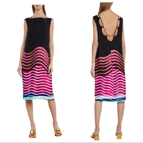 Dries Van Noten Dresses & Skirts - DRIES VAN NOTEN Len Lye Wave Printed Boatneck Midi Dress In Black and Fuchsia 40